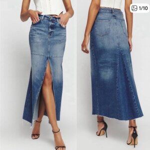 Reformation Tazz Maxi Denim Skirt Blue Size 26 Front Slit Sustainable